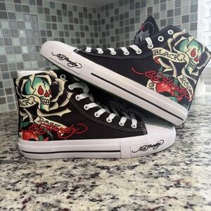 Ed Hardy Black Rose Skull Hi Top Sneakers Embroidered Logo Men's Size 9 With Box